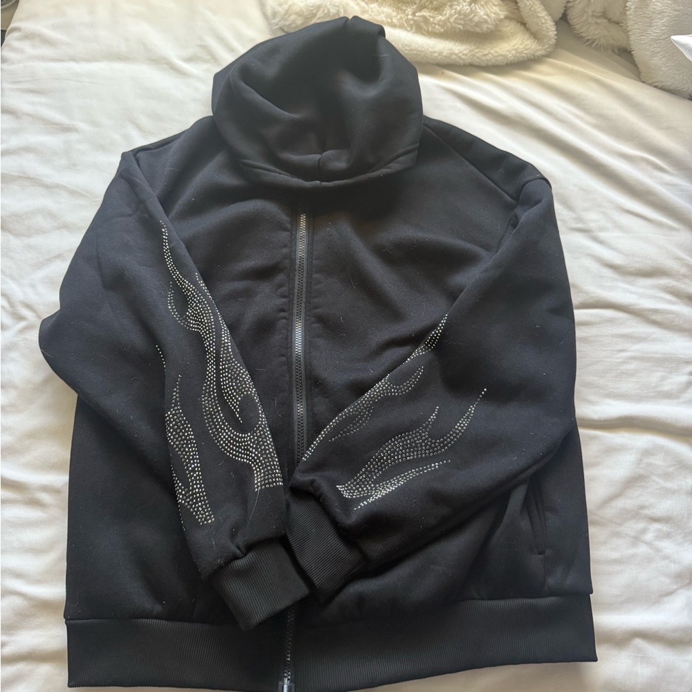Black Hoodie with Rhinestone Flame Design